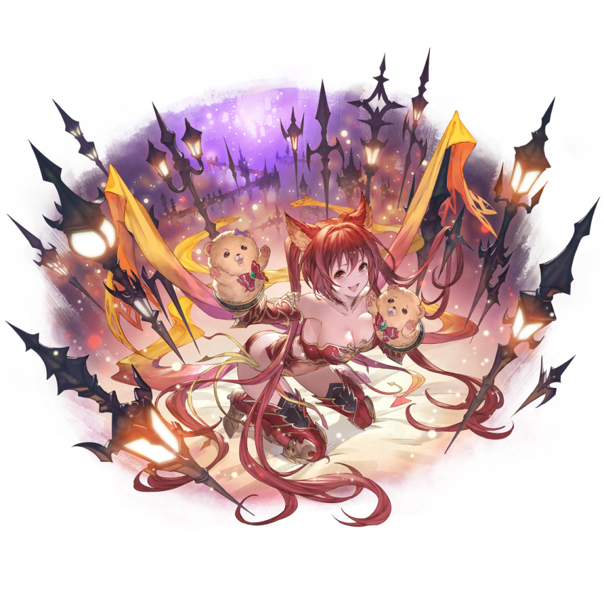 1girl animal_ears armored_boots bare_shoulders boots breasts cerberus_(shingeki_no_bahamut) cleavage dog_ears granblue_fantasy long_hair minaba_hideo official_art red_eyes red_hair smile third-party_source transparent_background twintails