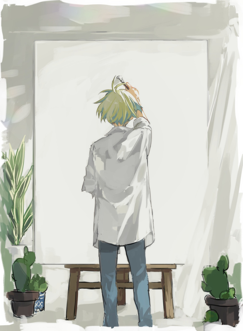 1boy art_brush blue_pants cactus canvas_(object) easel from_behind hanazono_momohito highres idolmaster idolmaster_side-m idolmaster_side-m_growing_stars light_green_hair male_focus paintbrush painting_(action) pants plant potted_plant shirt sleeves_rolled_up solo tarou_(2taro8) white_shirt