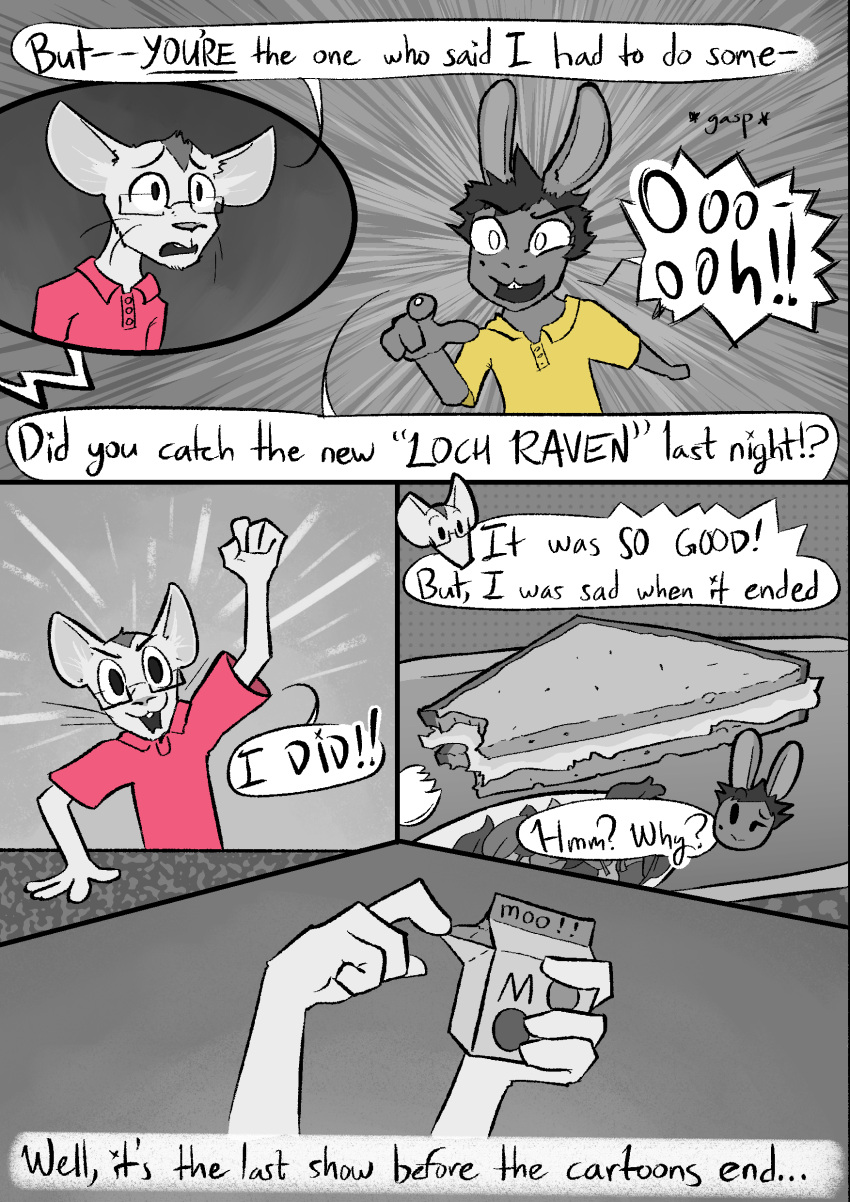 2023 absurd_res anthro beauchamp_(halcyon) clothed clothing comic dialogue digital_media_(artwork) duo english_text female food fur greyscale hair halcyon_(series) herba_(halcyon) hi_res lagomorph leporid lost_andsafe male male/female mammal monochrome mouse murid murine open_mouth rabbit rodent sandwich_(food) simple_background text