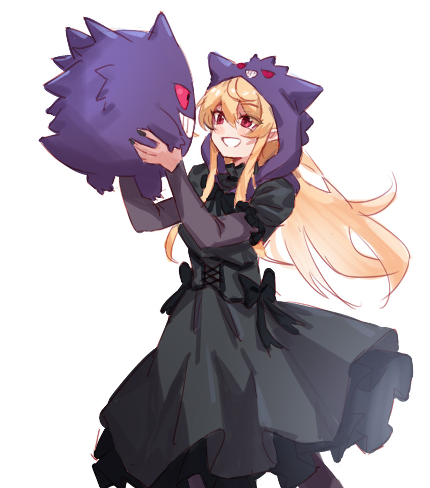 1girl alternate_costume black_bow black_dress black_nails blonde_hair bow colored_sclera dress dress_bow gengar grin highres holding holding_pokemon hood long_hair long_sleeves maplesights nijisanji nijisanji_en pokemon pokemon_(creature) pomu_rainpuff red_eyes red_sclera simple_background smile teeth virtual_youtuber white_background