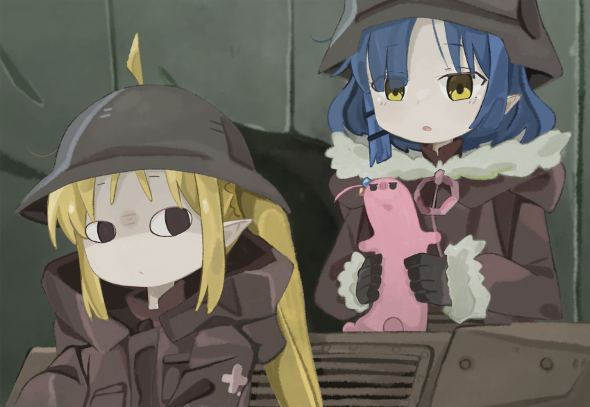 &lt;o&gt;_&lt;o&gt; 2girls absurdres ahoge black_eyes blonde_hair blue_hair bocchi_the_rock! brodie_helmet chito_(shoujo_shuumatsu_ryokou) chito_(shoujo_shuumatsu_ryokou)_(cosplay) coat combat_helmet cosplay cube_hair_ornament detached_ahoge fur_trim gotoh_hitori green_coat hair_between_eyes hair_ornament helmet highres ijichi_nijika kettenkrad long_hair looking_at_another military military_uniform multiple_girls naaga_sonomono nuko_(shoujo_shuumatsu_ryokou) open_mouth shoujo_shuumatsu_ryokou side_ahoge uniform yamada_ryo yuuri_(shoujo_shuumatsu_ryokou) yuuri_(shoujo_shuumatsu_ryokou)_(cosplay)