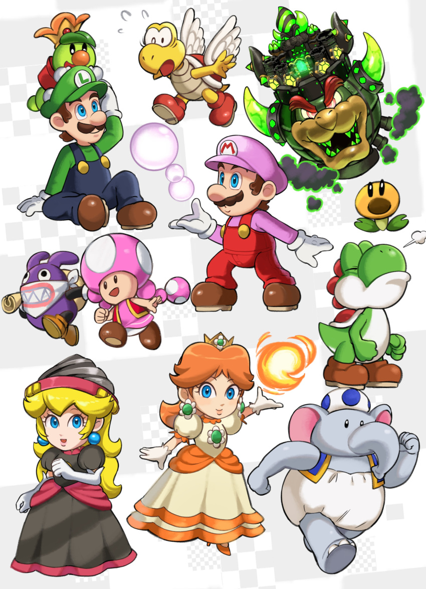 3boys 5boys absurdres black_dress blonde_hair blue_eyes blue_overalls blue_toad_(mario) boots bowser brothers brown_footwear brown_hair bubble bubble_mario castle chibi crown dinosaur dress drill drill_peach earrings elbow_gloves elephant elephant_blue_toad_(mario) facial_hair fire fire_daisy fireball flower_brooch flower_earrings gloves green_shirt grin hat highres horns jewelry koopa_paratroopa long_hair looking_at_viewer luigi mario mario_(series) multiple_boys mustache nabbit open_mouth orange_hair overalls pink_headwear pink_shirt power-up prince_florian princess_daisy princess_peach puffy_short_sleeves puffy_sleeves red_overalls running sasaki_sakiko shell shirt short_hair short_sleeves siblings smile sphere_earrings super_mario_bros._wonder talking_flower_(mario) toad_(mario) toadette white_gloves wings yoshi