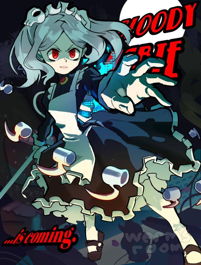 1girl apron black_dress bloody_marie_(skullgirls) character_name dress english_text full_body gloves grey_hair hair_ornament highres holding jewelry maid_headdress red_eyes shaded_face skull_hair_ornament skullgirls socks solo twintails wermer white_apron white_gloves white_socks