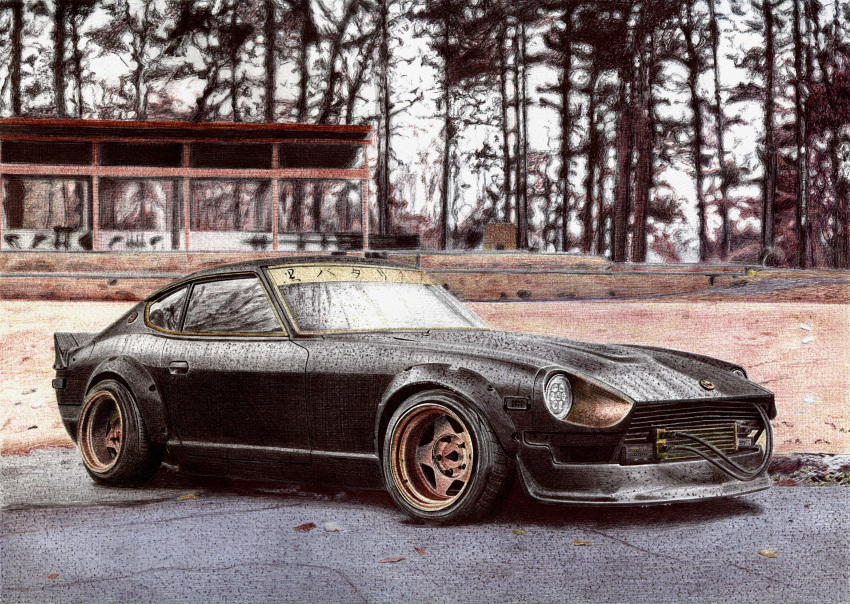 absurdres ballpoint_pen_(medium) bare_tree cable car datsun datsun_240z english_commentary forest highres motor_vehicle nature nissan nissan_fairlady_z no_humans original outdoors pavlo_scherbatyuk shadow sports_car traditional_media tree vehicle_focus