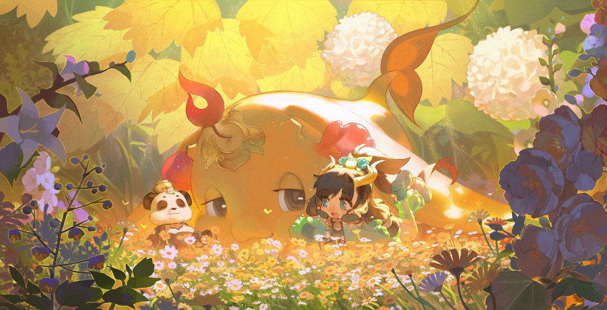 1girl animal black_hair day dress et.m field fingerless_gloves fish flower flower_field gloves goldfish green_dress green_eyes green_gloves hair_ornament highres horns leaf long_hair looking_at_another open_mouth original outdoors panda smile