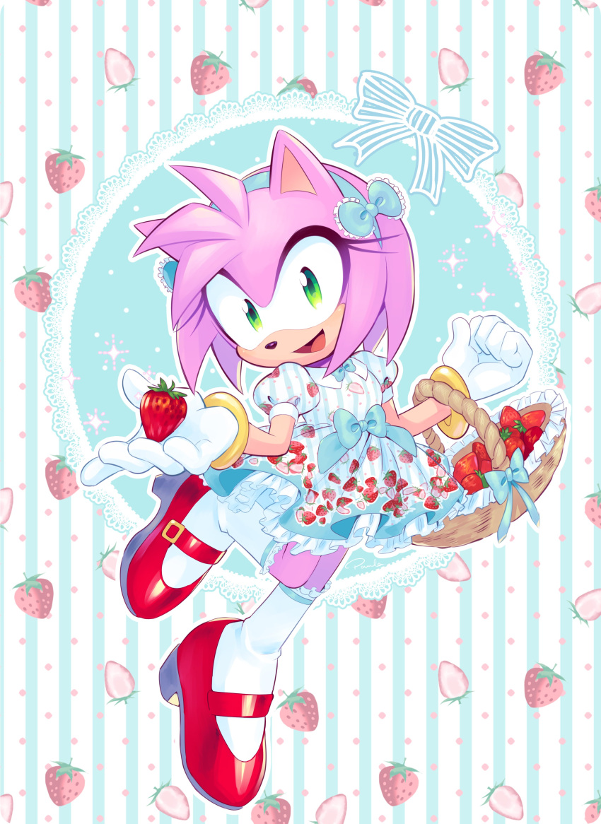 1girl absurdres alternate_costume amy_rose basket drawloverlala dress food food_print fruit full_body gloves green_eyes hairband highres mary_janes open_mouth shoes smile socks solo sonic_(series) strawberry strawberry_print white_dress white_gloves white_socks