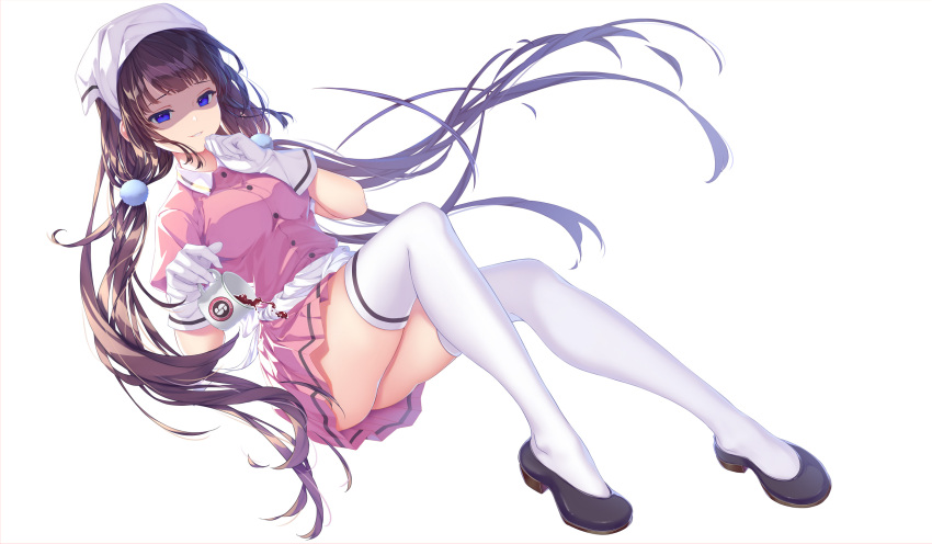 1girl back_bow black_footwear blend_s blue_eyes blush bow breasts brown_hair collared_shirt commentary_request commission cuts dress_shirt evil_smile floating_hair full_body gloves hair_ornament highres injury kurenaiz large_breasts long_hair looking_at_viewer low_twintails parted_lips pink_shirt pink_skirt pixiv_commission pleated_skirt pom_pom_(clothes) pom_pom_hair_ornament sakuranomiya_maika shadow shirt sidelocks simple_background skirt smile solo spilling stile_uniform thighhighs thighs twintails very_long_hair white_background white_bow white_gloves white_thighhighs