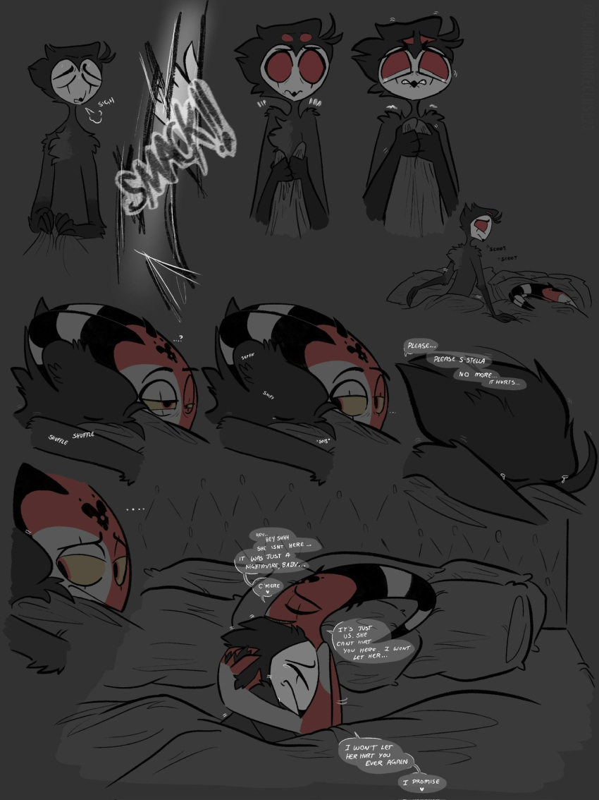 anthro avian bed bedding bird blanket blitzo_(helluva_boss) bodily_fluids cinnamonrecluse comic crying dialogue duo embrace eyes_closed furniture grey_background hair helluva_boss hi_res horn hug imp lying male male/male on_side owl owl_demon pillow ptsd red_eyes short_hair simple_background speech_bubble stolas_(helluva_boss) tears text white_text yellow_eyes