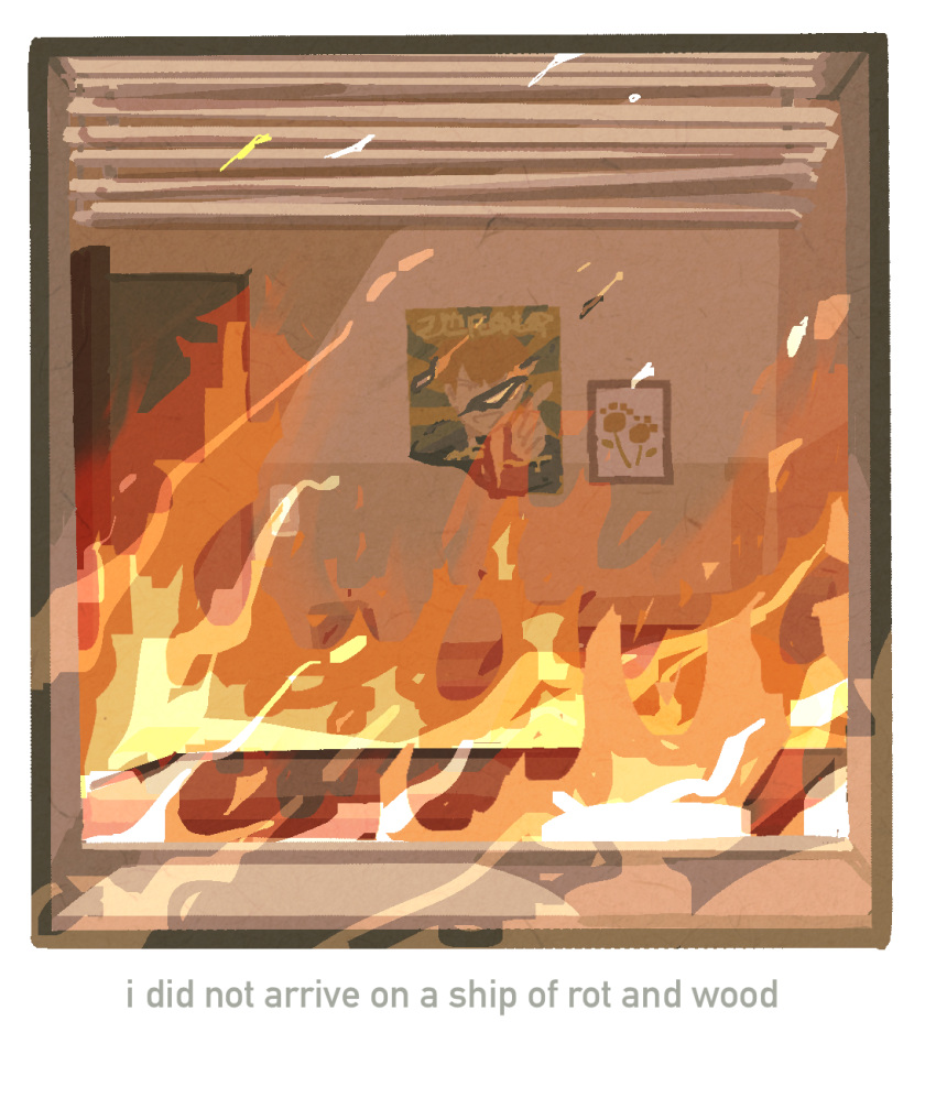 blinds burning commentary desk english_commentary english_text fire from_outside highres mob_psycho_100 mp100days no_humans office reigen_arataka window