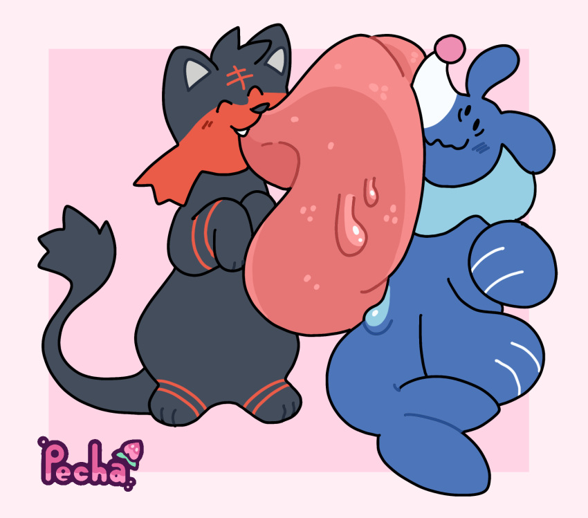 ambiguous_gender big_tongue black_body black_fur blue_body bodily_fluids digital_media_(artwork) flustered fur generation_7_pokemon hi_res hyper hyper_tongue licking litten long_tongue nintendo pechaberry pink_background pokemon pokemon_(species) popplio red_body red_fur saliva simple_background smile tongue tongue_out