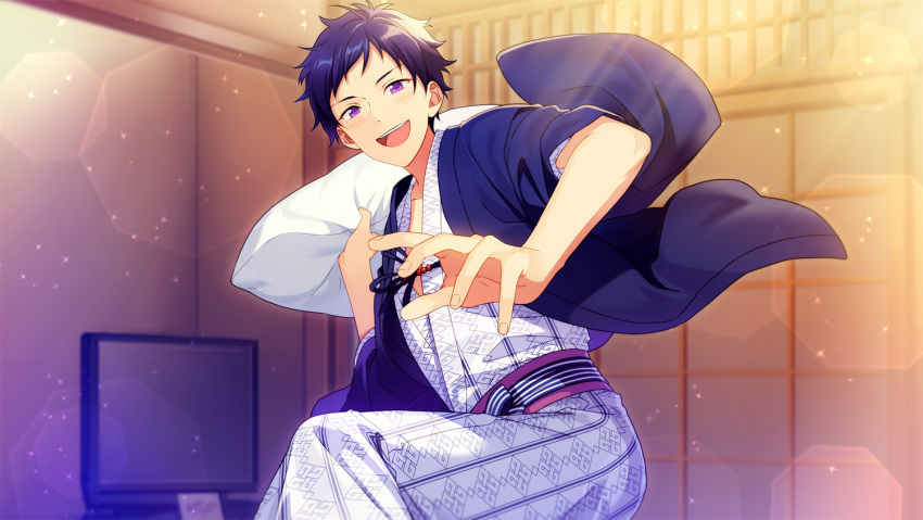 1boy blue_hair blush dark_blue_hair ensemble_stars! fingernails fushimi_yuzuru happy_elements holding holding_pillow indoors japanese_clothes kimono looking_at_viewer male_focus mole mole_under_eye official_art open_mouth pillow purple_eyes school_trip_(ensemble_stars!) short_bangs short_hair solo teeth television third-party_source upper_teeth_only