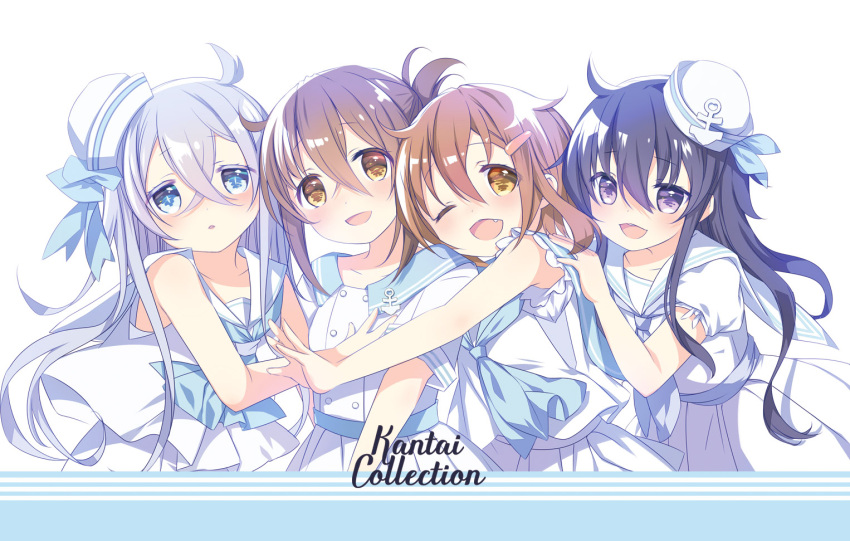 akatsuki_(kancolle) alternate_costume anchor_ornament anniversary black_hair blue_eyes brown_eyes brown_hair copyright_name dixie_cup_hat dress folded_ponytail grey_hair hat hibiki_(kancolle) hinayuki_usa ikazuchi_(kancolle) inazuma_(kancolle) kantai_collection long_hair military_hat purple_eyes sailor_collar sailor_dress sailor_shirt shirt short_hair sleeveless sleeveless_shirt smile white_dress white_headwear white_sailor_collar