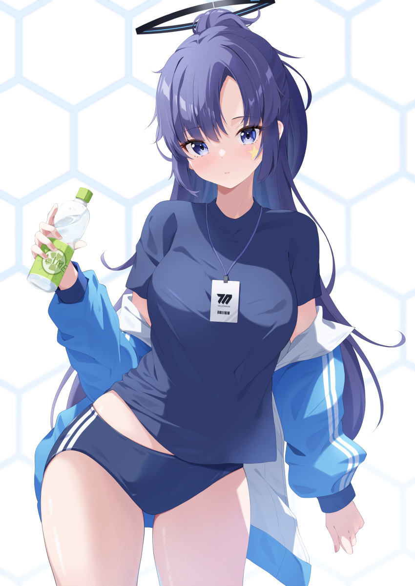 1girl absurdres blue_archive blue_buruma blue_eyes blue_jacket blue_shirt bottle breasts buruma closed_mouth commentary contrapposto cowboy_shot double_vertical_stripe fingernails gym_shirt gym_uniform halo highres holding holding_bottle id_card jacket jacket_partially_removed lanyard light_blush long_hair long_sleeves mechanical_halo medium_breasts midriff_peek official_alternate_costume open_clothes open_jacket ponytail purple_hair shinshia_(sinsia_0928) shirt solo star_sticker sticker_on_face track_jacket very_long_hair water_bottle yuuka_(blue_archive) yuuka_(track)_(blue_archive)