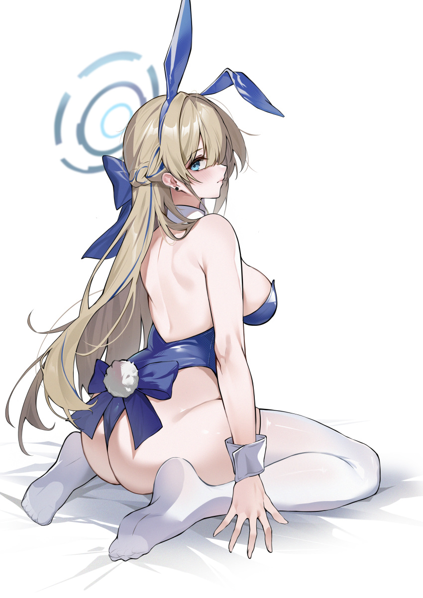 1girl absurdres animal_ears arm_rest ass back backless_leotard bare_shoulders blonde_hair blue_archive blue_bow blue_eyes blue_hair blue_hairband blue_halo blue_leotard blush bow braid breasts closed_mouth earrings fake_animal_ears fake_tail french_braid from_behind hair_between_eyes hair_bow hairband halo highleg highleg_leotard highres jewelry leotard long_bangs long_hair looking_at_viewer looking_back mechanical_halo median_furrow medium_breasts multicolored_hair no_shoes paradox_(parapa) playboy_bunny rabbit_ears rabbit_tail sidelocks simple_background sitting soles solo strapless strapless_leotard streaked_hair stud_earrings tail thighhighs toki_(blue_archive) toki_(bunny)_(blue_archive) white_background white_thighhighs white_wrist_cuffs wrist_cuffs