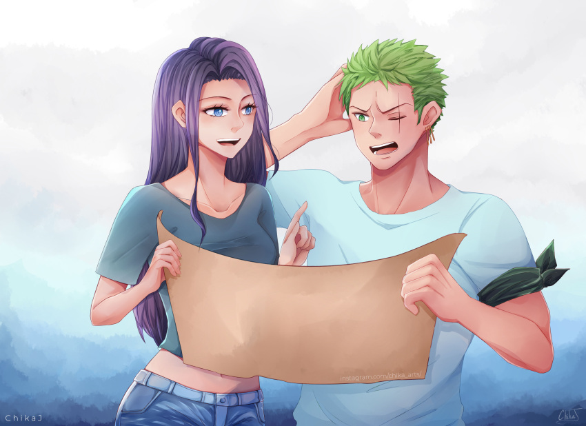 1boy 1girl absurdres artist_name bandana bandana_around_arm blue_eyes chikajigoku earrings english_commentary green_eyes green_hair hand_in_own_hair highres holding holding_map jewelry long_hair map nico_robin one_eye_closed one_piece open_mouth purple_hair roronoa_zoro scar scar_across_eye scar_on_face short_hair short_sleeves signature single_earring smile teeth v-shaped_eyebrows web_address