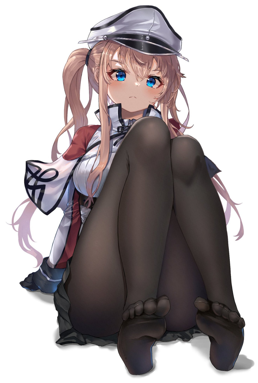1girl black_gloves black_pantyhose black_skirt blonde_hair blue_eyes blush breasts capelet closed_mouth full_body gloves graf_zeppelin_(kancolle) hat highres kantai_collection large_breasts long_hair long_sleeves o-sirius pantyhose peaked_cap pleated_skirt sidelocks simple_background skirt solo twintails white_background white_capelet white_headwear