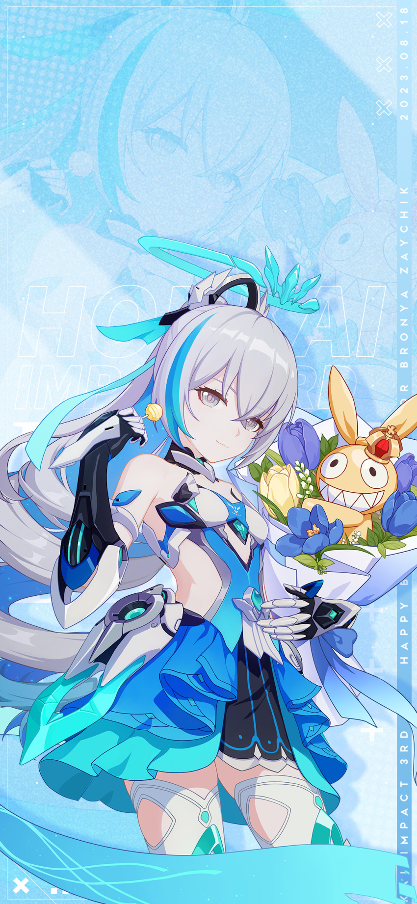 1girl armor bare_shoulders blue_flower blue_theme bouquet breasts bronya_zaychik bronya_zaychik_(herrscher_of_truth) candy character_name chinese_commentary closed_mouth colored_inner_hair crossed_bangs crown dated_commentary drill_hair flower food grey_eyes grey_hair halo happy_birthday high_ponytail highres holding holding_bouquet holding_candy holding_food homu_(honkai_impact) honkai_(series) honkai_impact_3rd long_hair looking_at_viewer multicolored_hair official_art official_wallpaper open_hand ponytail single_drill small_breasts smile solo streaked_hair thighhighs upper_body white_armor white_thighhighs yellow_flower