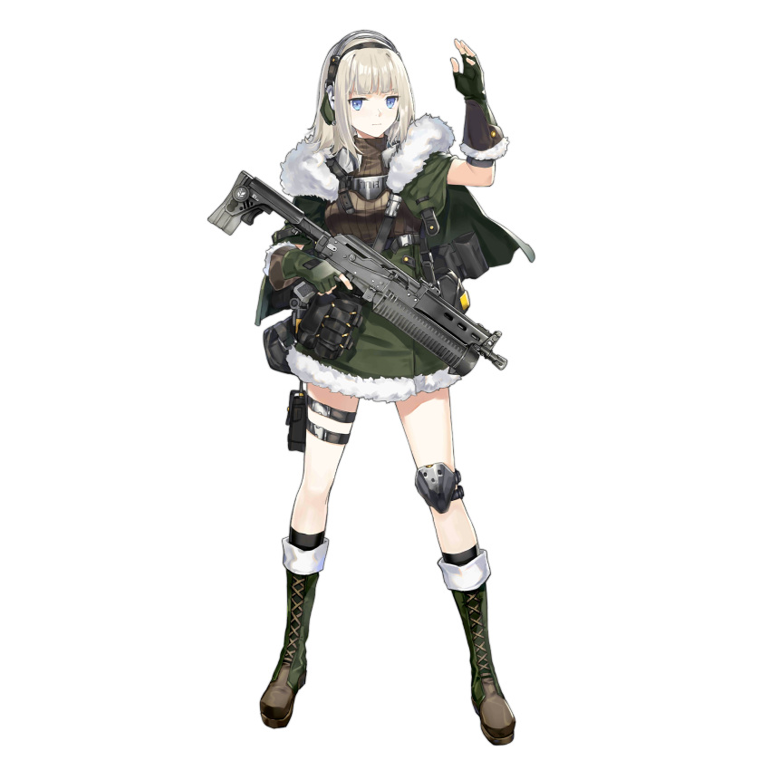 1girl arm_up bag black_socks blue_eyes blunt_bangs boots breasts brown_sweater capelet closed_mouth cross-laced_footwear duffel_bag fingerless_gloves full_body fur-trimmed_capelet fur-trimmed_gloves fur-trimmed_skirt fur_trim girls'_frontline gloves green_capelet green_footwear green_gloves gun hao_(patinnko) headphones highres knee_boots knee_pads kneehighs lace-up_boots large_breasts load_bearing_equipment long_hair looking_at_viewer mod3_(girls'_frontline) official_art pp-19_(girls'_frontline) pp-19_bizon ribbed_sweater simple_background single_knee_pad skirt snap-fit_buckle socks solo submachine_gun sweater thigh_pouch transparent_background trigger_discipline waving weapon white_hair