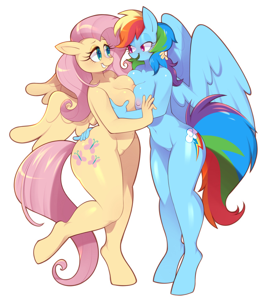 absurd_res anthro arm_around_neck arm_around_partner arm_around_waist bangs bedroom_eyes big_tail blue_body blush breast_fondling breast_grab breast_play breast_squish breasts cutie_mark digitigrade duo embrace equid equine eye_contact eyelashes female female/female fluttershy_(mlp) fondling friendship_is_magic green_eyes hair hand_on_breast hand_on_butt hasbro hi_res hooves horse hug long_hair long_tail looking_at_another mammal mane multicolored_hair multicolored_mane my_little_pony narrowed_eyes nipples norithecat pegasus pink_hair pink_mane pony purple_eyes rainbow_dash_(mlp) rainbow_hair rainbow_mane romantic seductive simple_background smile squish tail thick_thighs white_background wings yellow_body