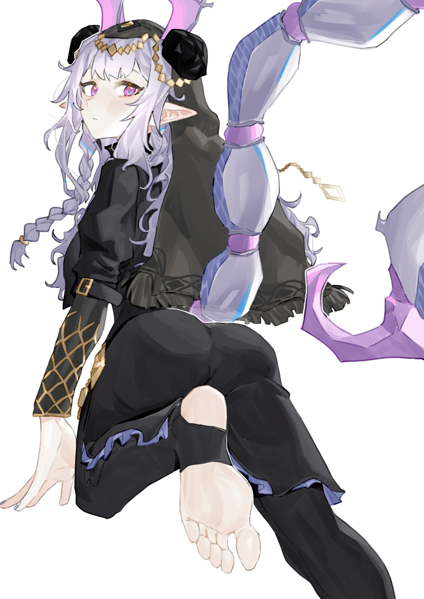 1girl absurdres arknights black_panties black_shirt closed_mouth commentary_request expressionless feet from_behind highres horns long_hair looking_at_viewer looking_back manticore_(arknights) manticore_(under_a_veil)_(arknights) official_alternate_costume panties pointy_ears purple_eyes purple_hair renxzd scorpion_tail shirt simple_background solo stirrup_legwear tail toeless_legwear toes underwear white_background