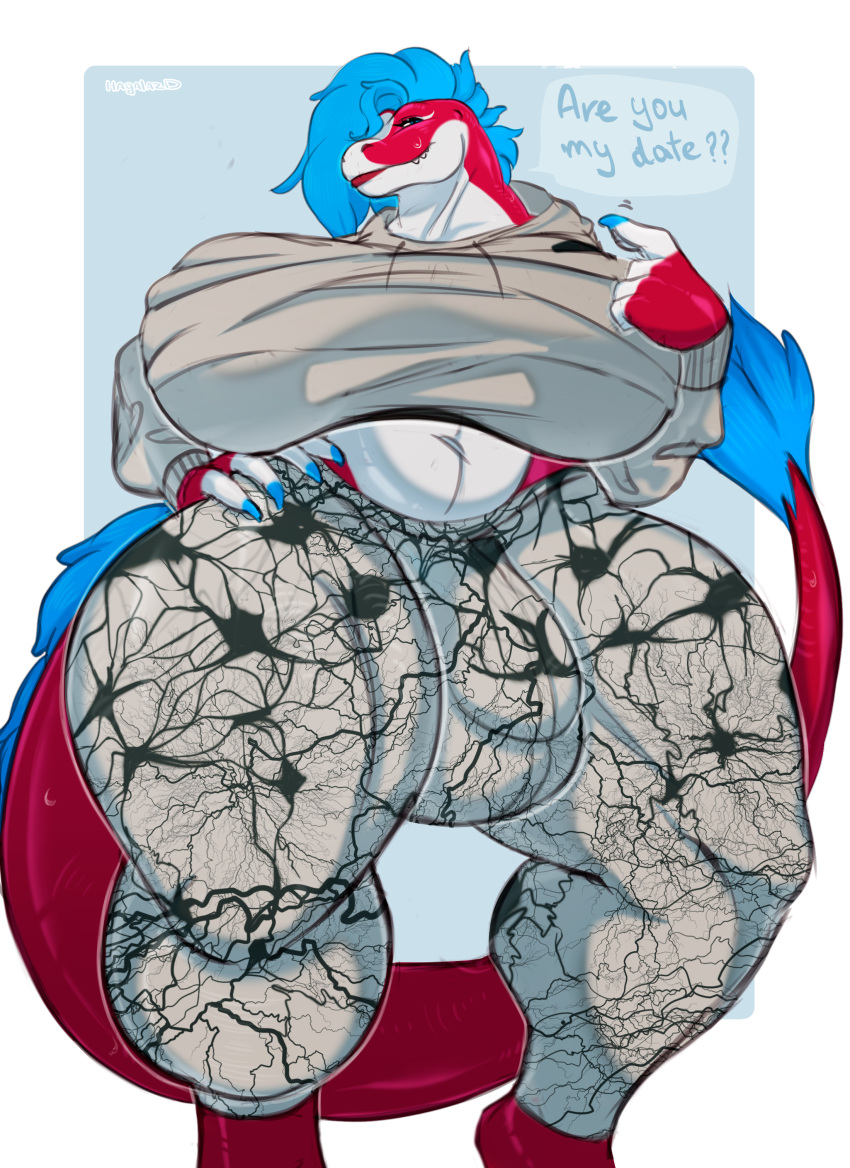 absurd_res anthro asking balls big_breasts big_bulge big_penis blue_hair bodily_fluids bottomwear breasts bulge claws clothed clothing come_here curvy_figure digital_media_(artwork) dinosaur dromaeosaurid english_text fingers genitals gynomorph hagalazd hair herm hi_res intersex leggings legwear looking_at_viewer pants penis punk_hair red_body reptile scalie simple_background smile smiling_at_viewer solo speech_bubble sweat sweatdrop sweater tail teeth text theropod thick_thighs topwear velociraptor white_body