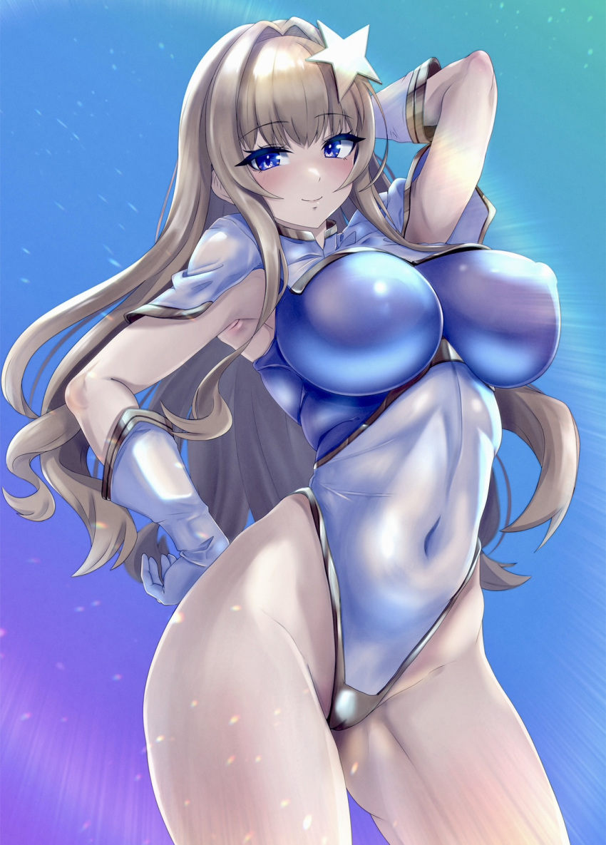 1girl blonde_hair blue_background blue_eyes breasts contrapposto cosplay covered_navel cowboy_shot dolphin_wave gloves gradient_background gundam gundam_seed gundam_seed_destiny hair_intakes hair_ornament highleg highleg_swimsuit highres kidomonika kirahoshi_kanna large_breasts long_hair meer_campbell meer_campbell_(cosplay) multicolored_leotard sidelocks solo standing star_(symbol) star_hair_ornament swimsuit white_gloves