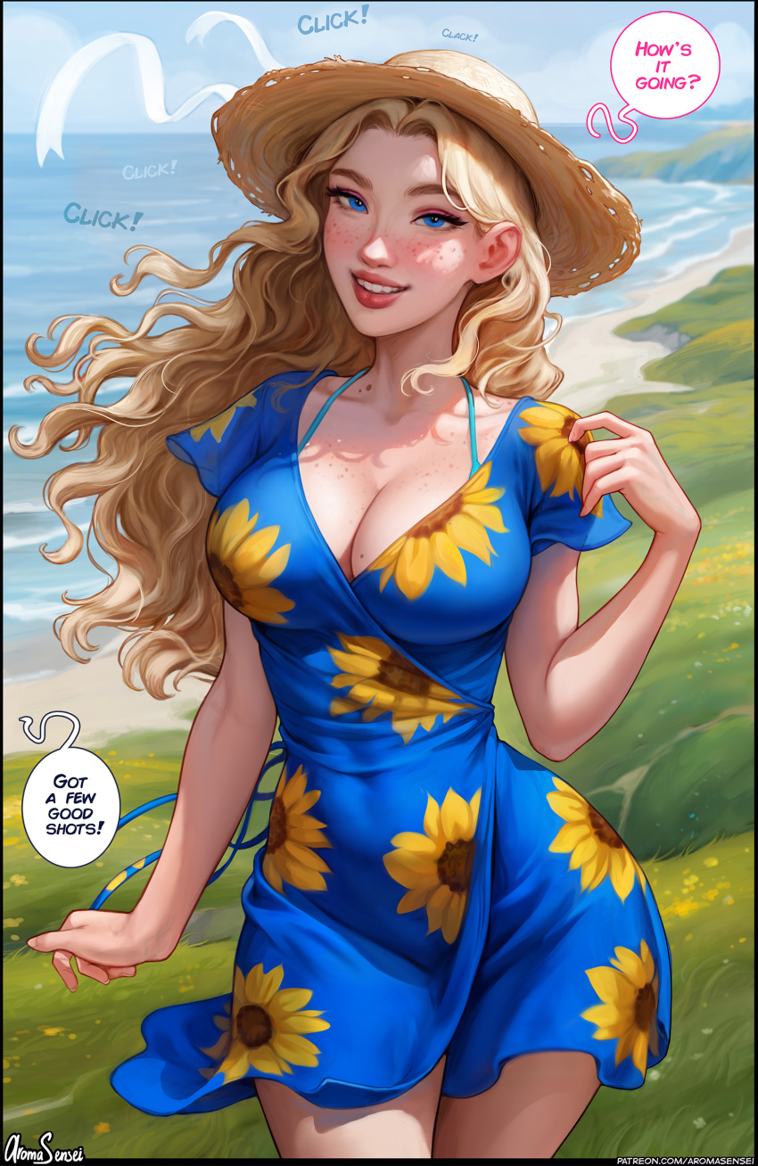 1girl absurdres aroma_sensei artist_name beach bikini bikini_under_clothes black_border blonde_hair blue_dress blue_eyes border breasts cleavage collarbone covered_navel cowboy_shot curvy dress english_text floating_hair floral_print freckles grass grin haley_(stardew_valley) hat highres large_breasts long_hair looking_at_viewer mole mole_on_breast nose open_mouth outdoors parted_hair patreon_username posing short_dress sky smile solo sound_effects speech_bubble stardew_valley straw_hat swimsuit v-neck wide_hips wind wind_lift