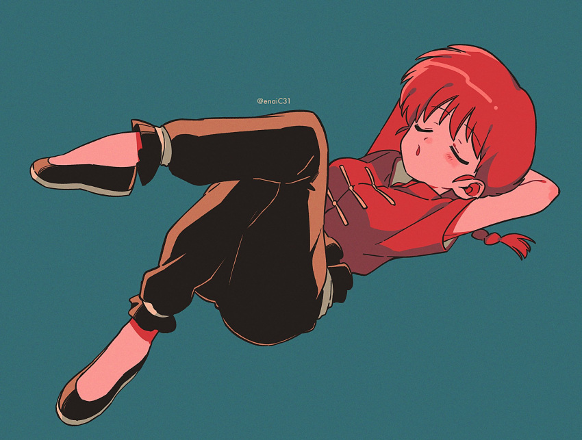 1girl arms_behind_head arms_up artist_name black_footwear black_pants blue_background blush braid braided_ponytail breasts closed_eyes frills highres lying menma_(enaic31) on_back open_mouth pants plantar_flexion ranma-chan ranma_1/2 red_hair red_shirt retro_artstyle romaji_commentary shirt short_sleeves simple_background solo twitter_username