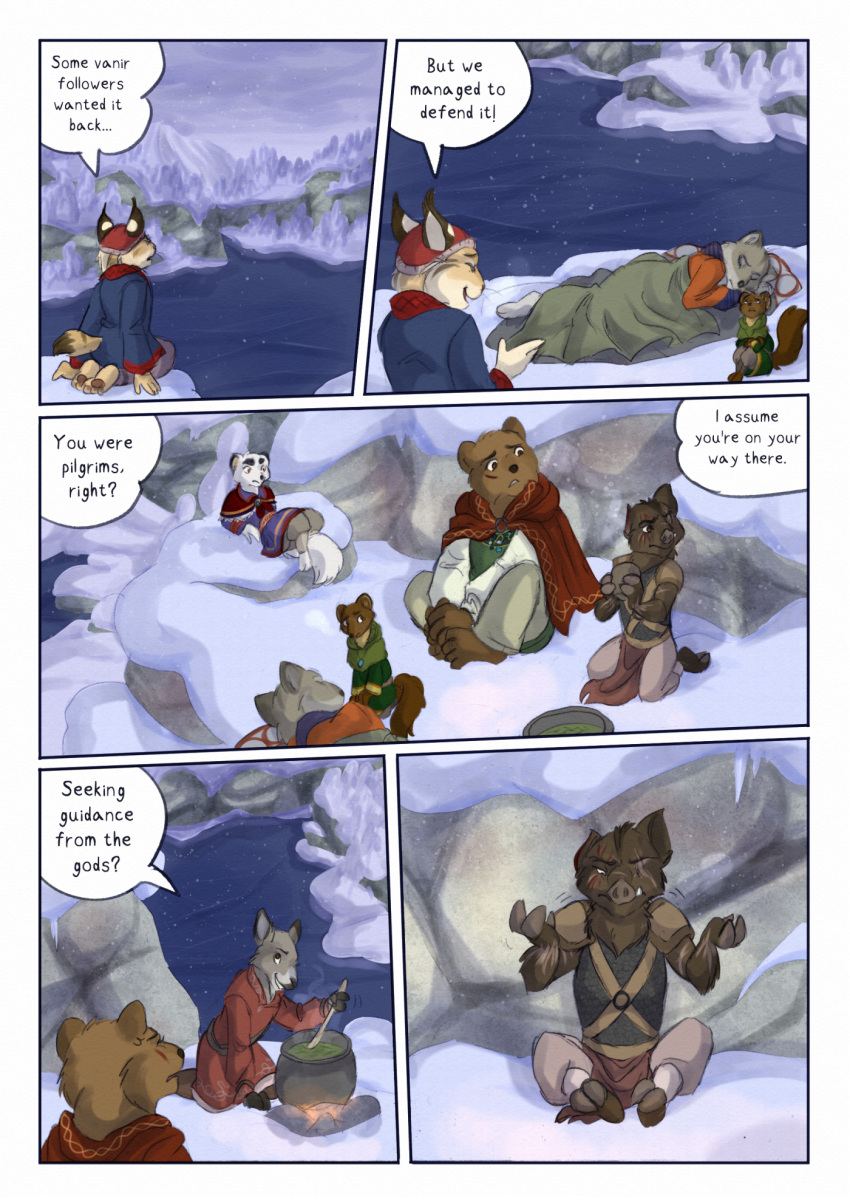 2022 5_fingers anthro arctic_fox bear biped bjekkergauken brown_bear brown_body brown_fur brown_tail canid canine clothed clothing colored comic dialogue dialogue_box english_text female fingers fox fur green_clothing group gulonine herja_(bjekkergauken) hi_res hillevi male mammal marten mustelid musteline outside pine_marten purple_clothing shirin_(bjekkergauken) size_difference snow speech_bubble suid suina sus_(pig) tail text unni_(bjekkergauken) ursine white_body white_fur white_tail wild_boar
