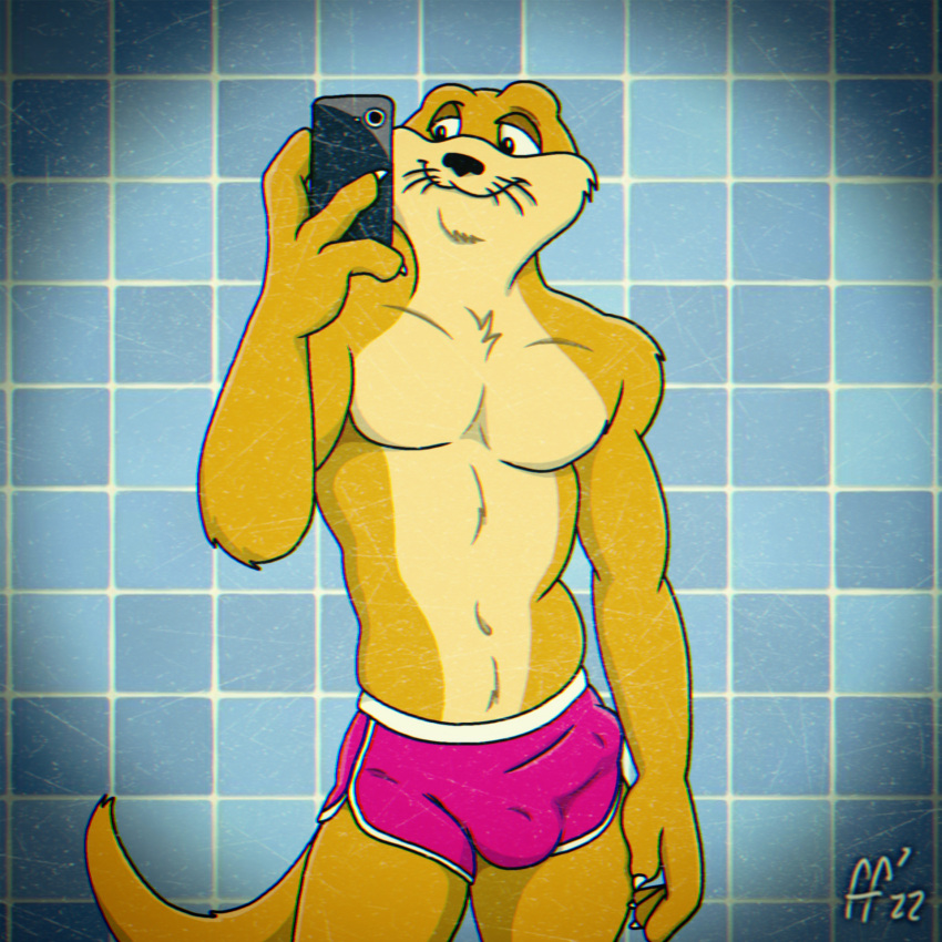 1:1 2022 4_fingers animalympics anthro brown_body brown_eyes brown_fur bulge cellphone clothing dean_wilson fabfelipe fingers fur genital_outline half-closed_eyes hi_res male mammal mustelid narrowed_eyes navel otter penis_outline phone selfie shirtless shower_room signature smile solo swimwear taking_picture tan_body tan_fur