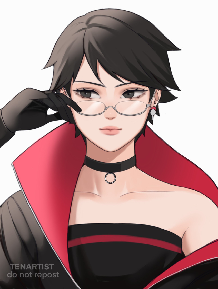 1girl bare_shoulders black_eyes black_hair boruto:_naruto_next_generations boruto:_two_blue_vortex choker earrings glasses gloves highres jewelry light_smile looking_to_the_side naruto_(series) short_hair simple_background strapless tenartistt timeskip tube_top uchiha_sarada white_background