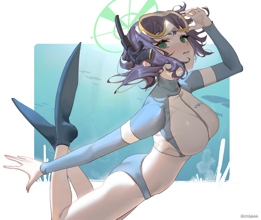 1girl aqua_eyes bikini blue_archive blue_bikini blue_sky breasts chilakkk halo hat jacket ocean official_alternate_costume purple_hair saki_(blue_archive) saki_(swimsuit)_(blue_archive) short_hair sky solo swimsuit underwater