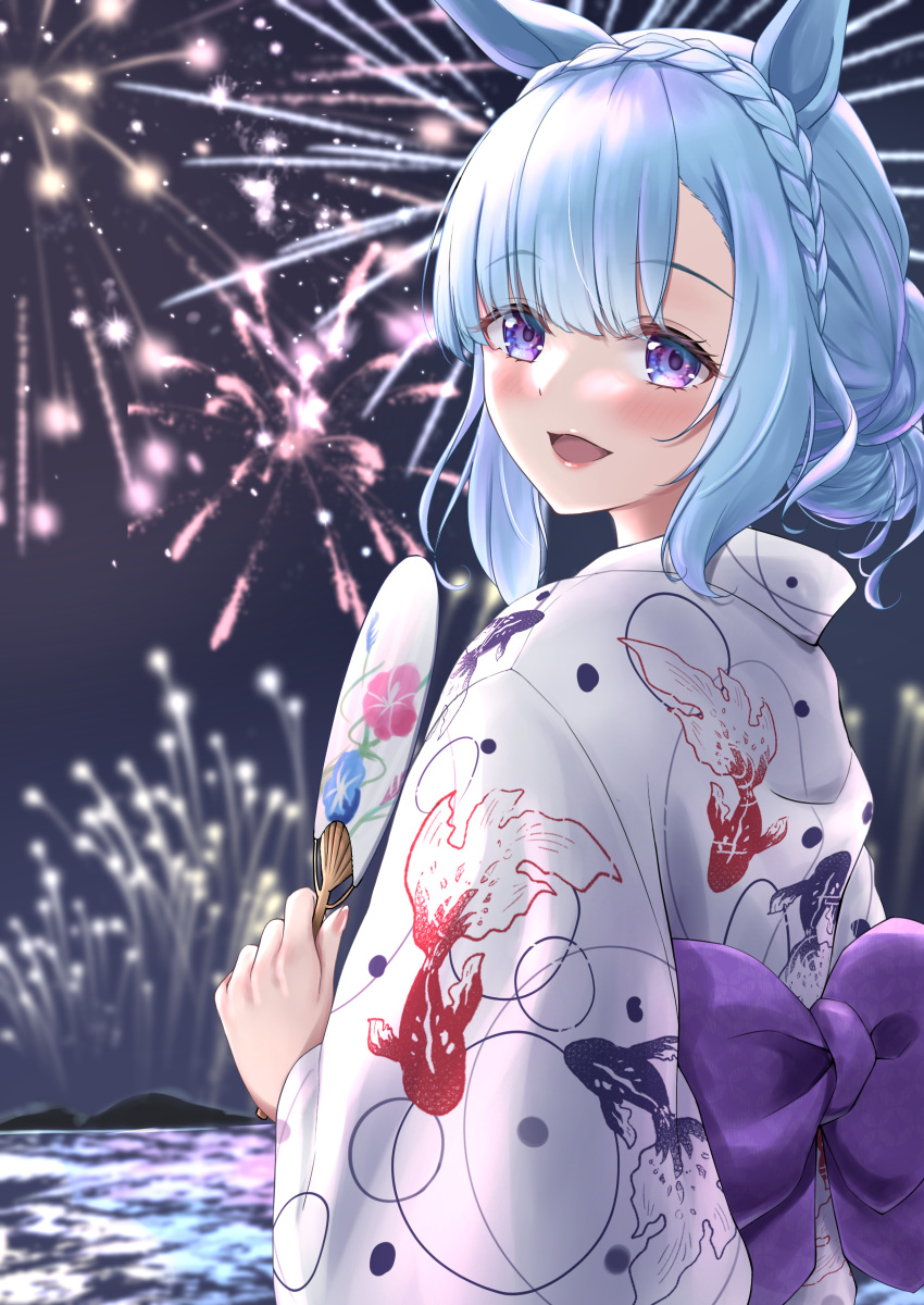 1girl absurdres aerial_fireworks alternate_costume animal_ears animal_print back_bow blue_hair blush bow braid commentary_request crown_braid fireworks fish_print from_behind hair_bun hand_fan highres holding holding_fan horse_ears horse_girl japanese_clothes kimono long_sleeves looking_at_viewer looking_back medium_hair mejiro_ardan_(umamusume) multicolored_clothes multicolored_kimono night obi ocean open_mouth outdoors paper_fan purple_bow purple_eyes sash smile solo taku_(312nismo1) uchiwa umamusume water white_kimono yukata