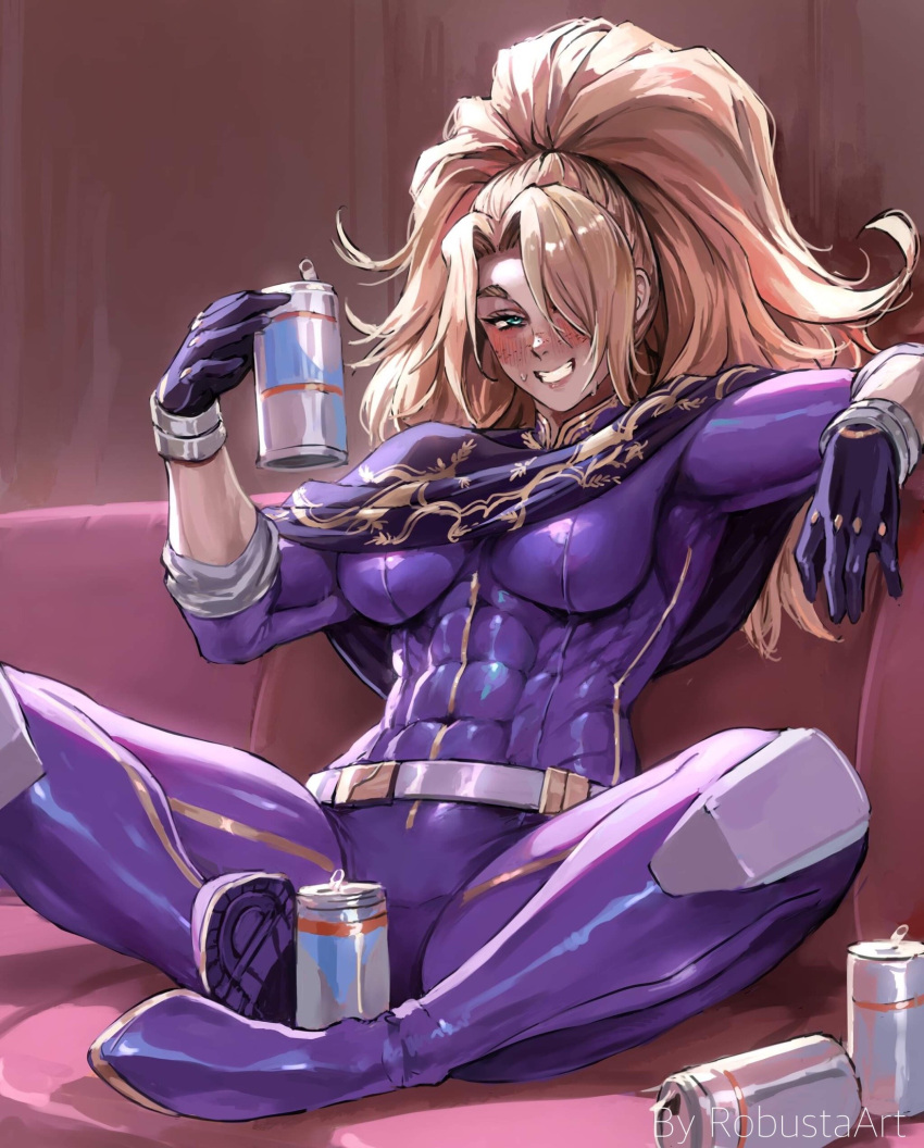 1girl blonde_hair blush bodysuit boots bracelet can commission couch crossed_legs dungeons_and_dragons freckles gloves green_eyes hair_over_eyes highres jewelry long_hair muscular muscular_female purple_bodysuit robusta_mania scarf sleeves_rolled_up solo