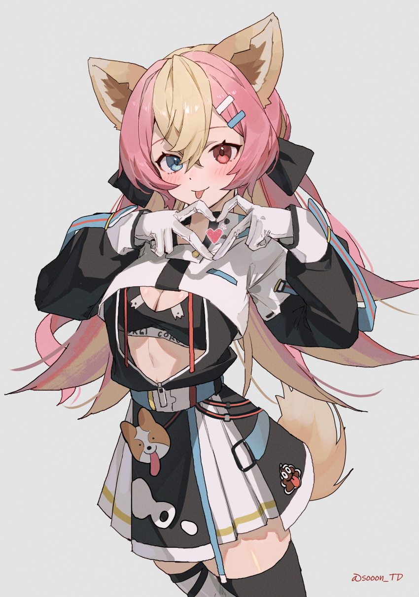 1girl :p absurdres animal_ears asymmetrical_legwear black_bow black_jacket black_sports_bra black_thighhighs blonde_hair blue_eyes blush bow breasts cat_ears cat_girl cat_tail cleavage cowboy_shot crop_top crossed_bangs dot_nose emoji finger_heart gloves hair_between_eyes hair_bow heart heterochromia highres jacket layered_skirt long_sleeves looking_at_viewer midriff mismatched_legwear multicolored_hair open_clothes open_jacket original pink_hair pleated_skirt poop_emoji red_eyes signature simple_background skirt solo sooon sports_bra tail thighhighs tongue tongue_out two-tone_hair unzipped white_background white_gloves white_skirt white_thighhighs