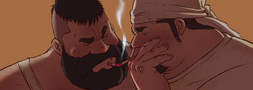 2boys back_hair bandana bara beard blush chest_hair cigarette_kiss covering_mouth doburoku_(fzfngarvubqpamf) facial_hair from_side goatee highres long_sideburns looking_at_another male_focus mature_male multiple_boys old old_man original short_hair sideburns squinting tank_top thick_mustache undercut v-shaped_eyebrows white_bandana white_tank_top yaoi