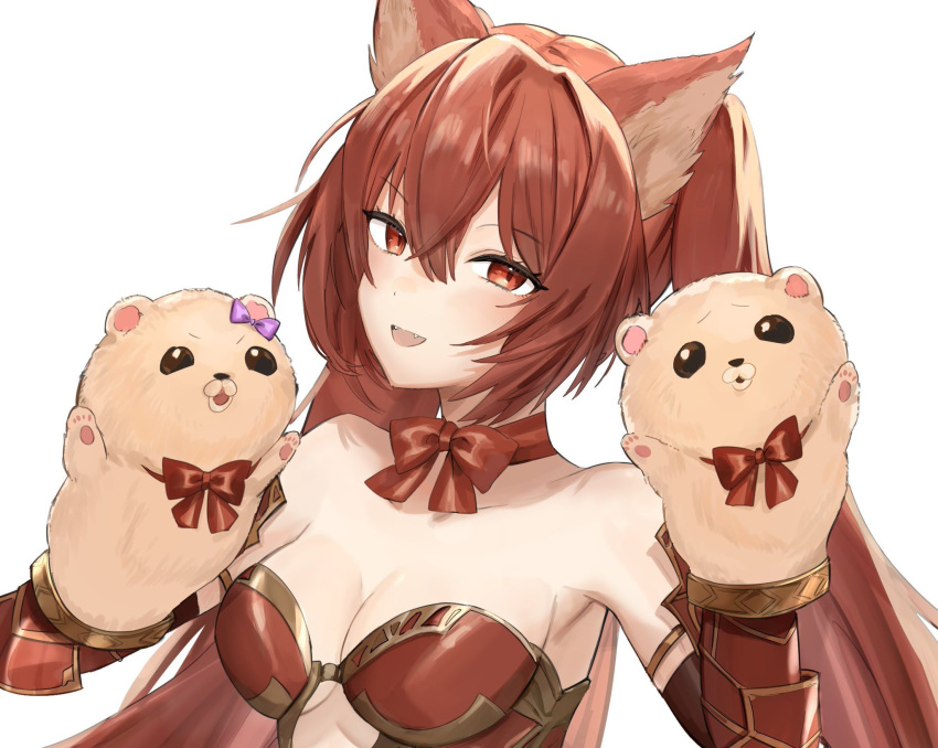 1girl animal_ears armor bare_shoulders breasts cerberus_(shingeki_no_bahamut) choker cleavage crossed_bangs dog_ears elbow_gloves fangs gloves granblue_fantasy hand_puppet hands_up highres long_hair nakonbu open_mouth puppet red_eyes red_hair simple_background small_breasts smile solo twintails upper_body vambraces white_background