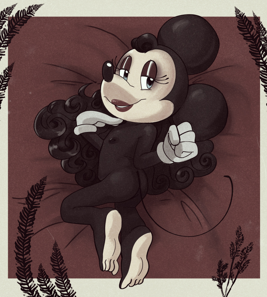 absurd_res anthro black_body blue_eyes brown_body disney feet female flat_chested hi_res looking_at_viewer mammal minnie_mouse mouse murid murine nipples nude rodent sin-buttons_(artist) solo