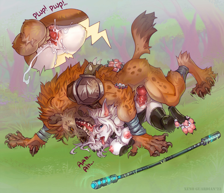 anthro armor blizzard_entertainment bodily_fluids canid clothed clothing clothing_aside clothing_pull cum cum_in_pussy cum_inside dominant dominant_male duo female genital_fluids gnoll hi_res hyena knot knotting lexi_joyhart licking licking_head male male/female mammal partially_clothed penetration precum sideway_missionary_position size_difference smile smiling_at_partner tongue tongue_out vaginal vaginal_penetration warcraft weapon weapon_on_ground were werecanid worgen xenoguardian
