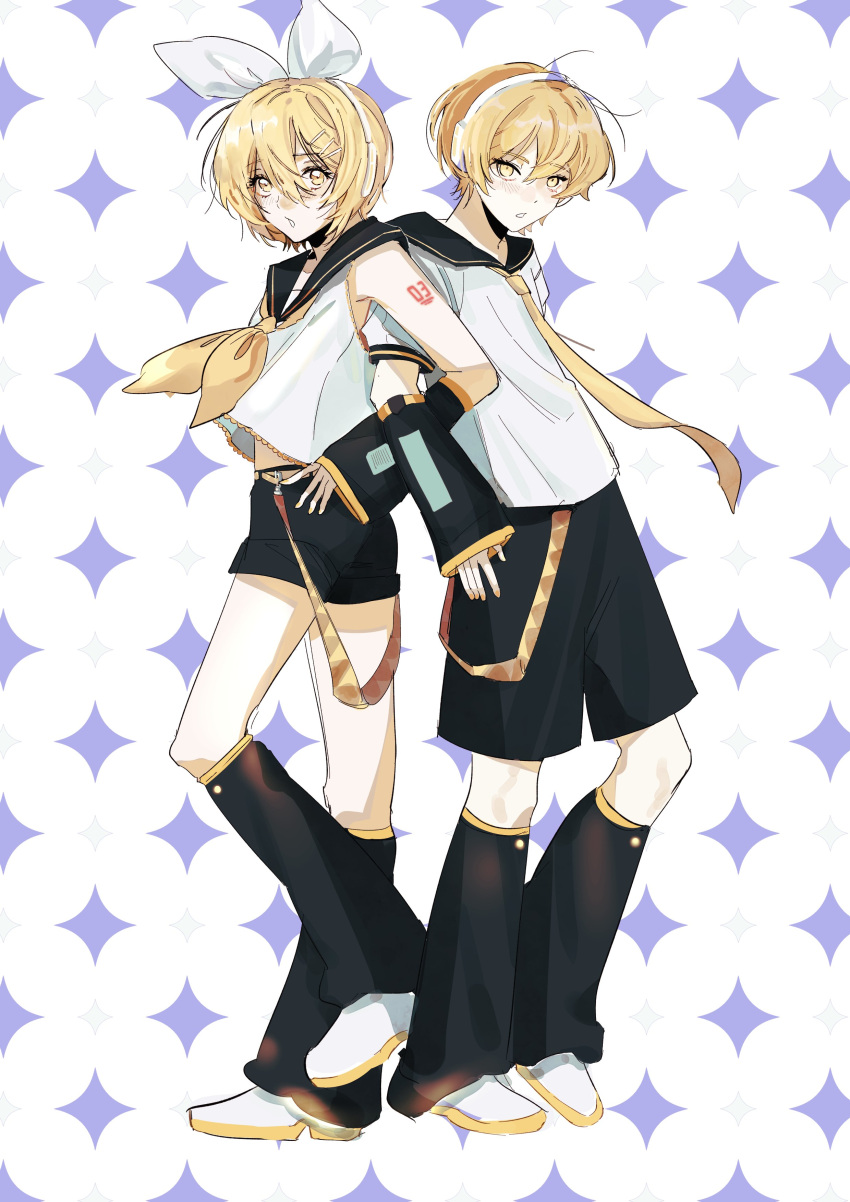 1boy 1girl :o absurdres back-to-back bare_shoulders belt black_sailor_collar black_shorts blonde_hair bow cosplay detached_sleeves don_quixote_(limbus_company) full_body hair_between_eyes hair_bow hair_ornament hairclip headset highres kagamine_len kagamine_len_(cosplay) kagamine_rin kagamine_rin_(cosplay) leg_up leg_warmers limbus_company locked_arms looking_at_viewer neckerchief necktie number_tattoo project_moon purple_background sailor_collar shirt short_hair short_sleeves shorts shoulder_tattoo sinclair_(limbus_company) sleeveless sleeveless_shirt sparkle_background standing tattoo vocaloid vocaloid_boxart_pose vvindyday white_background white_bow white_shirt yellow_eyes yellow_nails yellow_neckerchief yellow_necktie