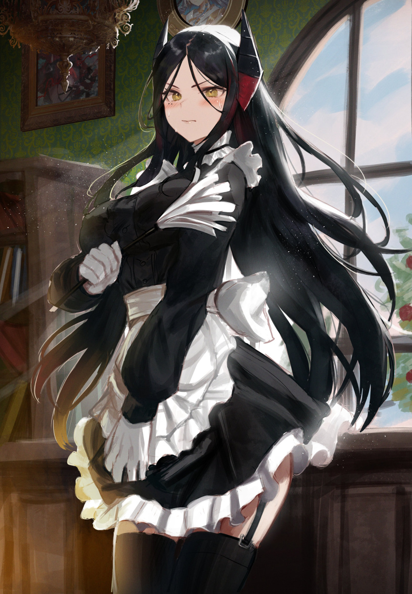 1girl absurdres adamosina alternate_costume apron arknights black_dress black_hair black_thighhighs bookshelf chandelier clothes_pull dress dress_pull duster feather_duster frilled_dress frills garter_straps gloves highres horns ines_(arknights) lips long_hair maid maid_apron portrait_(object) solo sweat thighhighs white_gloves yellow_eyes