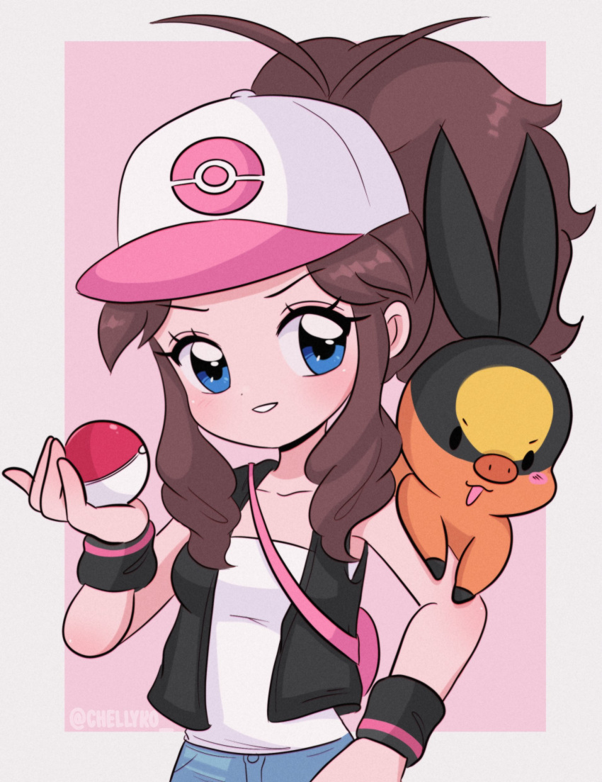 1990s_(style) 1girl absurdres animal animal_on_shoulder bad_id bad_twitter_id bag baseball_cap black_jacket blue_eyes blue_shorts blush breasts brown_hair chelly_(chellyko) collarbone grin hat highres hilda_(pokemon) holding holding_poke_ball jacket long_hair looking_at_viewer nintendo pig pink_background poke_ball poke_ball_(basic) poke_ball_symbol pokemon pokemon_(creature) pokemon_(game) pokemon_bw ponytail retro_artstyle shirt shorts sleeveless sleeveless_jacket small_breasts smile standing teeth tepig white_headwear white_shirt wristband