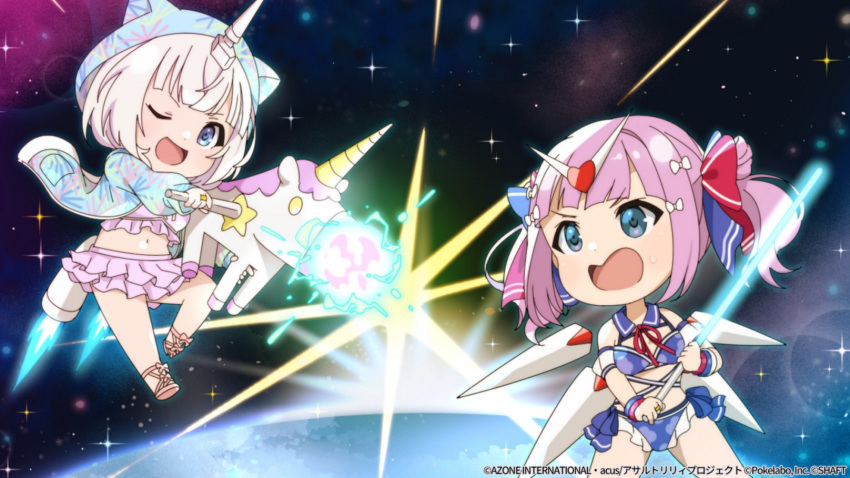 2girls ;d animal_ears animal_hood ankle_lace-up assault_lily bare_shoulders bikini bikini_skirt blue_bikini blue_bow blue_eyes blue_jacket blue_sailor_collar blunt_bangs bow bow_bikini cat_ears cat_hood chibi commentary_request detached_sleeves detached_wings double_bun duel energy energy_cannon energy_sword fake_animal_ears fighting_stance firing floral_print frilled_bikini frills gun hair_bow hair_bun hand_up headpiece heart heart_hair highres holding holding_gun holding_sword holding_weapon hood hood_up hooded_jacket horns jacket jewelry long_sleeves looking_at_another mechanical_horns mechanical_wings midair multicolored_bow multiple_girls navel neck_ribbon official_alternate_costume official_alternate_hairstyle official_art one_eye_closed open_clothes open_jacket open_mouth pink_bikini pink_footwear pink_hair planet print_jacket red_bow red_ribbon ribbon ring sadamori_himeka sailor_bikini sailor_collar sandals see-through see-through_sleeves short_hair short_sleeves side-tie_bikini_bottom single_horn smile space standing star_(sky) stomach sweatdrop swimsuit sword tanba_akari thrusters twintails two-handed unicorn v-shaped_eyebrows watermark weapon white_bow white_hair wings wristband