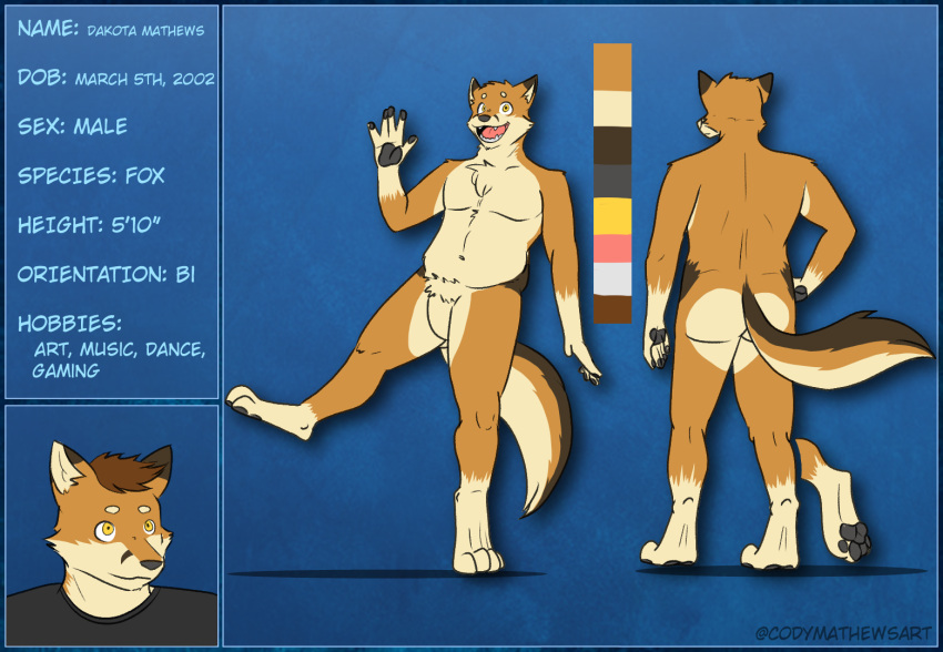 canid canine codymathews english_text fox male mammal model_sheet solo text