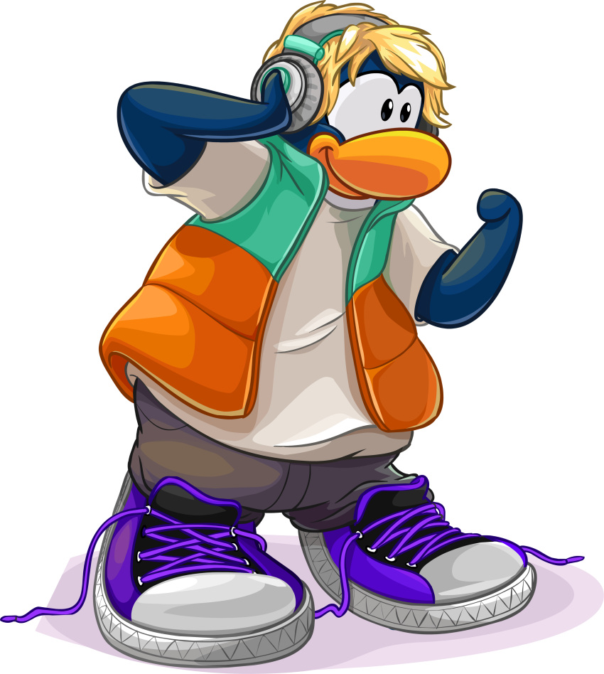 absurd_res avian bird blonde_hair blue_body blue_clothing blue_topwear blue_vest bottomwear clothed clothing club_penguin footwear full-length_portrait grey_bottomwear grey_clothing grey_pants hair headphones hi_res looking_aside male official_art open_clothing open_topwear open_vest orange_clothing orange_topwear orange_vest pants penguin portrait purple_clothing purple_footwear shirt shoes short_hair short_sleeves solo topwear two_tone_vest unknown_artist vest white_clothing white_shirt white_topwear