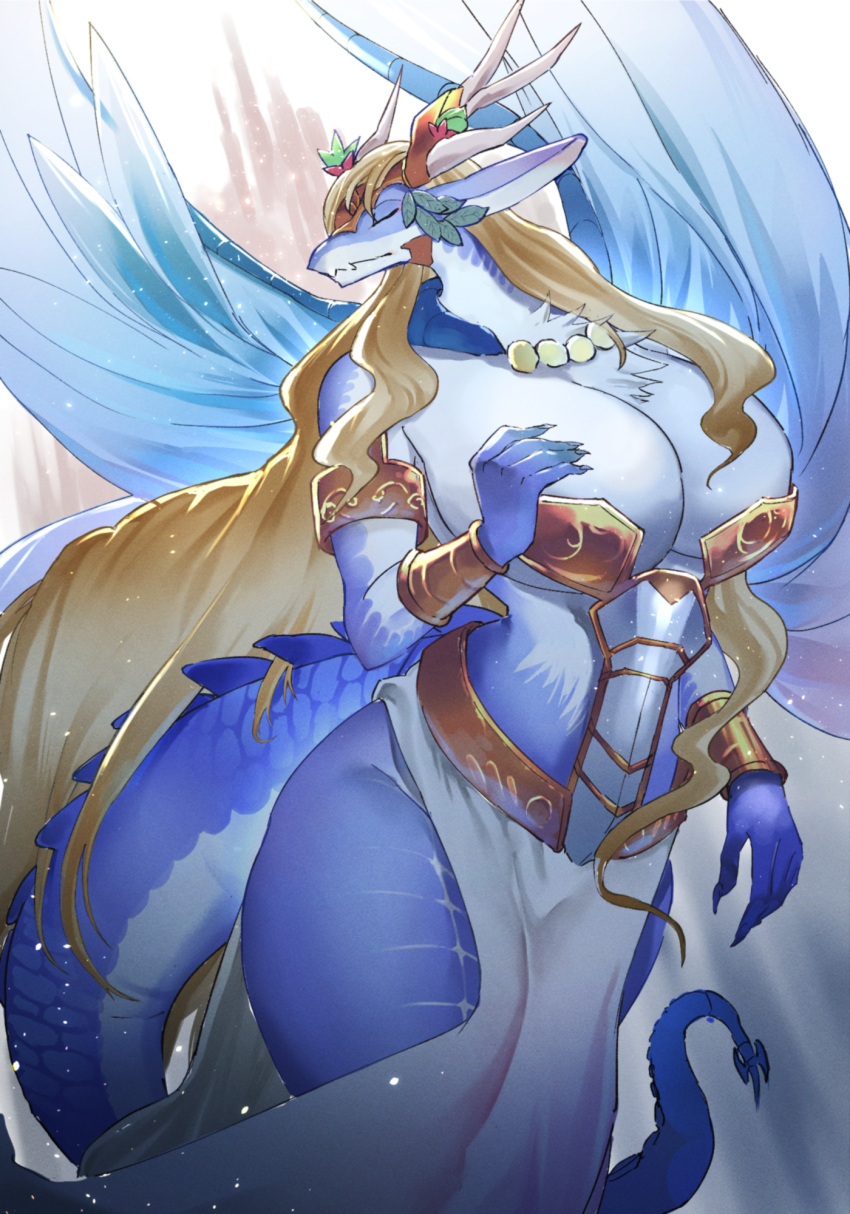 anthro big_breasts blonde_hair blue_body blue_scales breasts chest_tuft cleavage clothed clothing dragon female hair hi_res passionpit777 scales scalie solo tuft