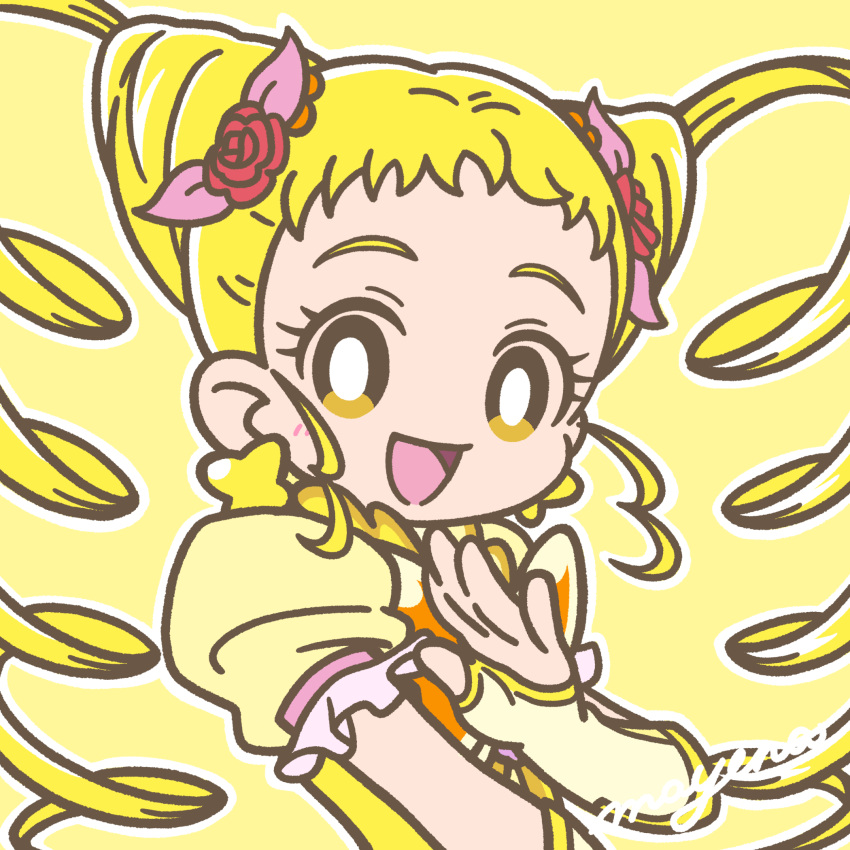 1boy blonde_hair bow brooch butterfly_brooch cone_hair_bun cure_lemonade drill_hair earrings hair_bun hair_ornament highres jewelry kasugano_urara_(yes!_precure_5) long_hair magical_girl mayena open_mouth outline precure puffy_short_sleeves puffy_sleeves short_sleeves signature simple_background smile solo twintails upper_body white_outline yellow_background yellow_eyes yes!_precure_5