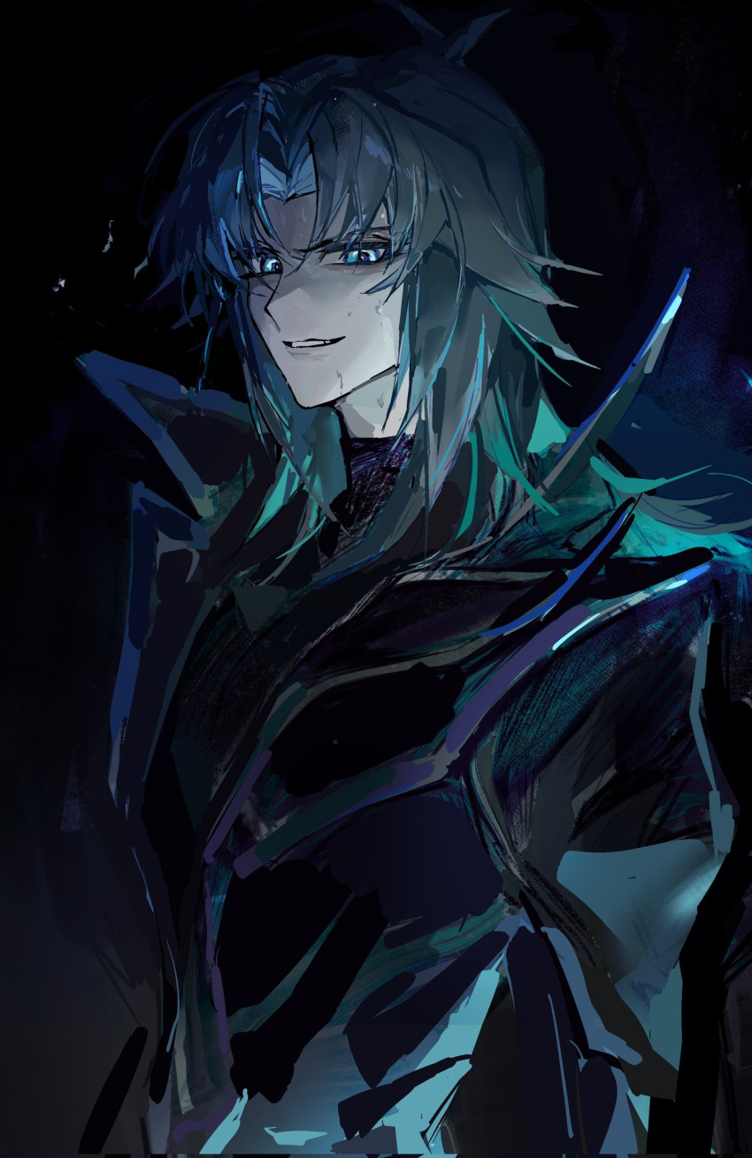 1boy black_coat blue_eyes blue_hair coat hair_between_eyes high_collar highres long_hair long_sleeves looking_at_viewer male_focus marufuji_ryou official_alternate_costume shitakawa sidelocks smile smirk solo sweat unfinished upper_body yu-gi-oh! yu-gi-oh!_gx