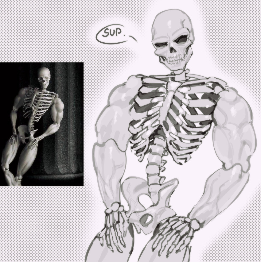 absurd_res animated_skeleton bone dialogue hi_res humanoid kogito male muscular muscular_arms muscular_male muscular_thighs not_furry ribs skeleton skull skull_head solo speech_bubble undead