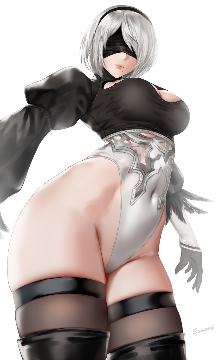 1girl 2b_(nier:automata) artist_name black_blindfold black_footwear black_gloves black_hairband black_leotard black_thighhighs blindfold breasts cleavage cleavage_cutout closed_mouth clothing_cutout commentary_request covered_eyes cowboy_shot easonx facing_viewer feathers gloves grey_hair hairband highleg highleg_leotard highres juliet_sleeves large_breasts leotard long_sleeves mole mole_under_mouth nier:automata nier_(series) puffy_sleeves short_hair simple_background solo thighhighs two-tone_leotard white_background white_leotard